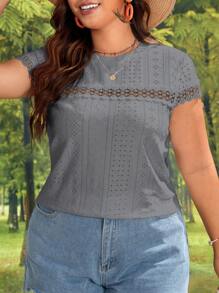 SHEIN VCAY Plus Size Boho Solid Color Round Neck Short Sleeve Ruffle Trim Casual T-Shirt, For Summer