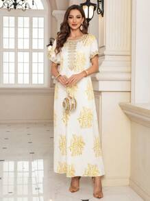 Al Najma Women's Elegant Long Metallic Printed Arabic Style Dress
