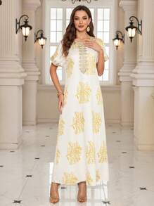 Al Najma Women's Elegant Long Metallic Printed Arabic Style Dress