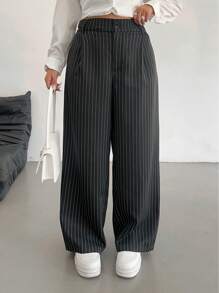 POPSWAY 大码前扣条纹简约直筒休闲裤，日常穿着