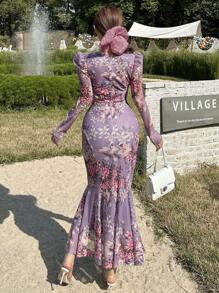 DAZY Rochie de damă cu mânecă lungă, guler cu inimă, cu imprimeu floral, lungime mijlocie, vară elegantă