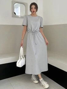 DAZY 2pcs Women's Solid Color Drawstring Cropped T-Shirt & Split Hem Skirt Set - Grey - View 6