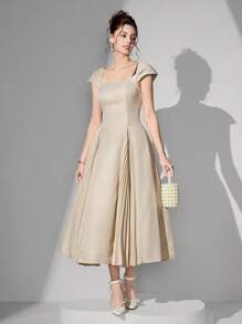 Poshira Women Elegant Solid Color Square Neck Pleated Hem Formal Evening Gown, Vintage Dress,Women Spring And Summer Fashion Party Party Date Holiday Wedding Celebrity Dress Dress, Fashionable Waist And Large Dress, Wedding Guest Dress, Prom Dress