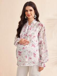 SHEIN Maternity Floral Print Tie Neck Long Sleeve Blouse - Pink - View 5
