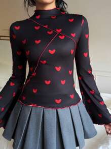 SHEIN Essnce Women's Valentine's Day Red Heart Print Stand Collar Long Sleeve Bell Sleeves Heart Print Slim Fit Casual T-Shirt,For Summer/Spring 2025 New - Black - View 2