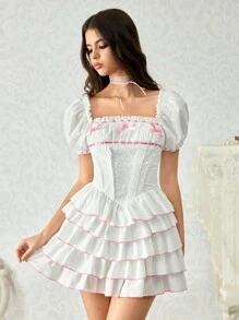 ROMWE Palace Style Vintage Style Cute Ribbon Bow Multi-Layered Puffy Princess Mini Dress