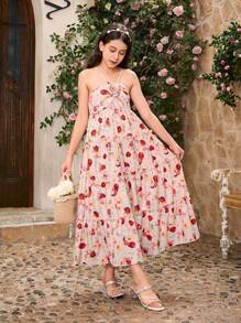 SHEIN Girls Floral Print Elegant Sleeveless Dress, Family Matching Outfits (2 Pieces Sold Separately)