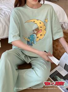 DAZY TOM AND JERRY X DAZY Conjunto de pijama de 2 piezas con parte superior de camiseta suelta estampada con dibujos animados y pantalón de pijama relajado con logo de letra estampado