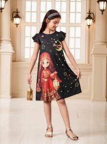 Tween Girl Casual Doll & Sky Theme Print Lantern Dress - Black - View 1
