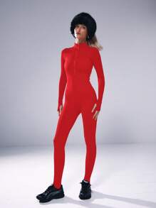 Musera Sport High Neck Zip Up Front Unitard, Padel, Tennis, Pickleball Gym Fitness - Red - View 4