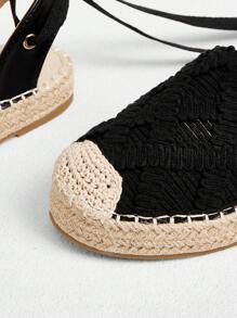 Styleloop 黑色系带黄麻绳平底鞋，优雅休闲度假派对约会婚礼宴会波西米亚西部音乐节服装 - 黑色 - 查看 3
