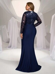 Glamrae Vestido elegante y romántico de manga larga con cuello redondo, cintura acampanada y borde de volantes tipo cola de sirena, con aplicaciones de cuentas y tela de malla transparente, en talla grande, color azul marino, adecuado para fiestas formales, eventos, ceremonias, celebraciones, cenas de gala, vestido de invitada de boda, vestido de fiesta, vestido de noche