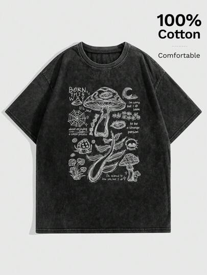Grunge Punk Women's Gothic Vintage Distressed Mushrooms, Spider Web, Text Pattern Printed Tie Dye Loose Fit T-Shirt, Streetwear Style, School