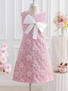 Girls Jacquard Floral Round Neck Sleeveless Bowknot Waist Dress, Pink - Multicolor - View 2
