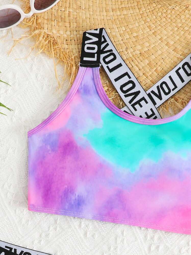 SHEIN Bộ đồ bơi nhuộm loang họa tiết tình yêu dễ thương cho bé gái 3 tuổi (In ngẫu nhiên) - Nhiều màu - Xem 3