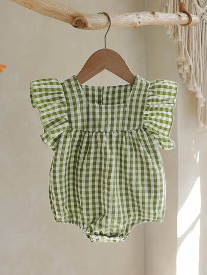 Vintaside Kids 1pc Baby Girls Cute Green Plaid Cap Sleeve Romper. Soft & Comfy Material, Playful Princess Style, Suitable For Spring/Summer Outdoor, Travel, Daily Wear