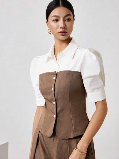 EastFlair 女士休闲拼布短款泡泡袖单排扣衬衫，春夏