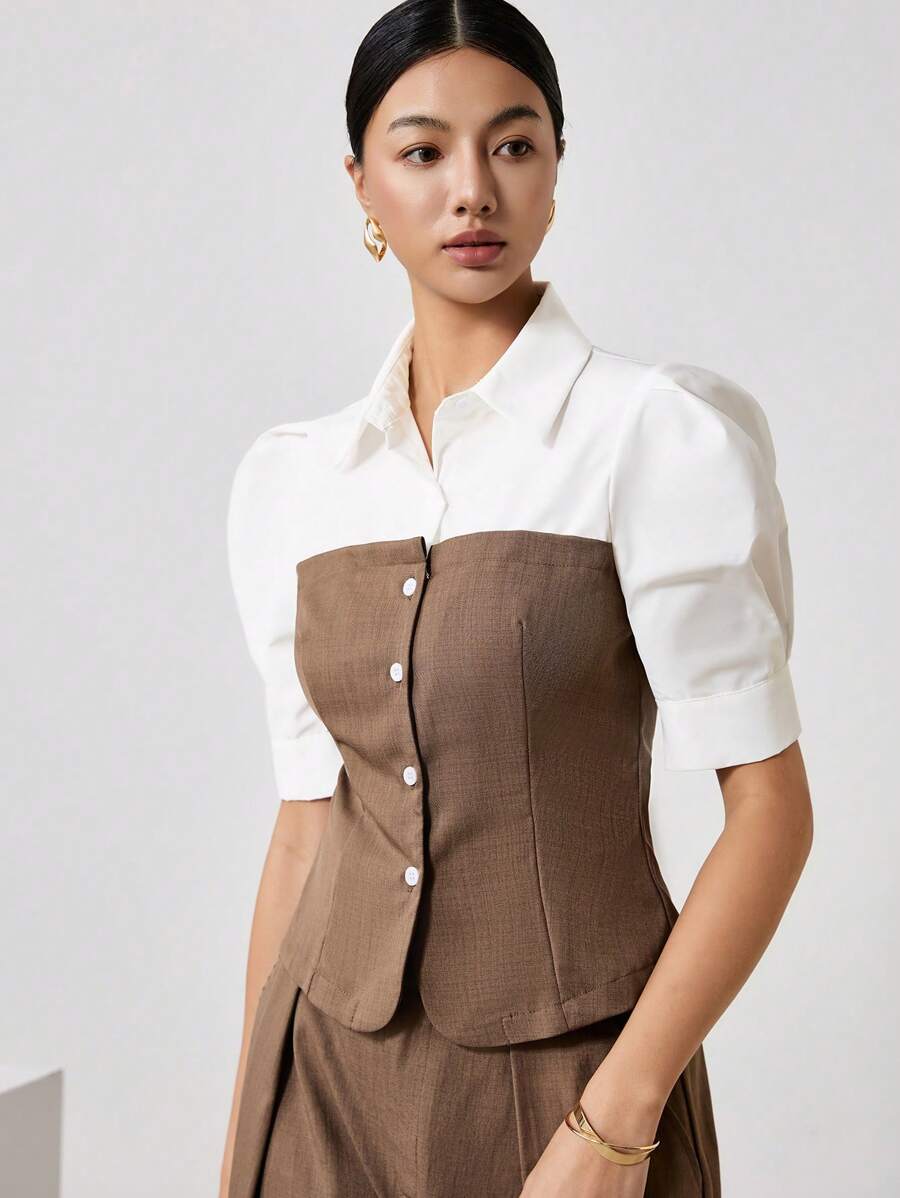EastFlair Chemise décontractée pour femmes à manches bouffantes courtes, style patchwork, boutonnage simple, printemps/été - Multicolore - Voir 1