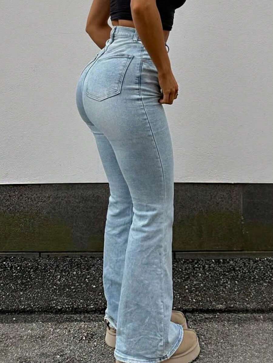 MYOURSA High Waist Flare Jeans, Women's Elastic Boot Cut Pants, Y2K Streetwear Casual Retro Fashion, Light Blue - Light Wash - View 1