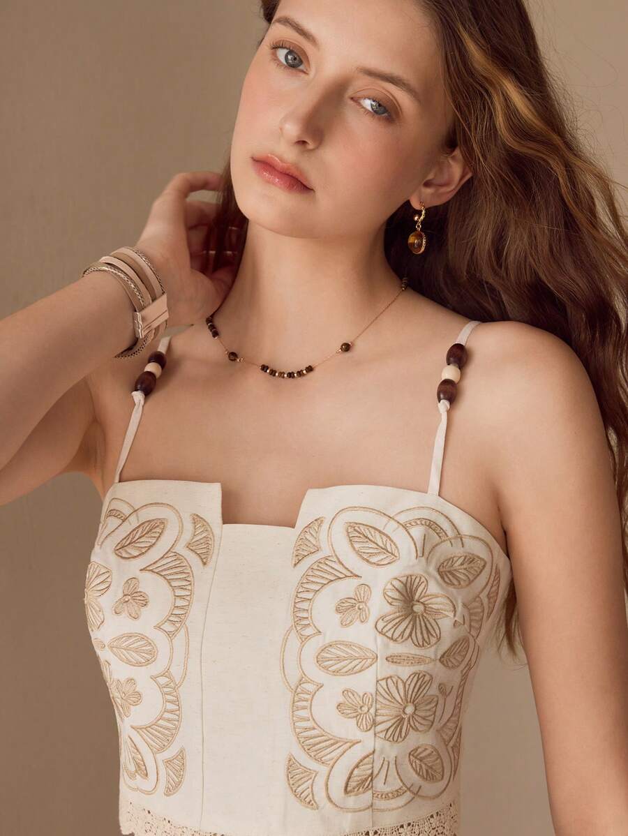 MOTF PREMIUM ÁO CROP TOP THÊU HOA VẢI LANH - Màu be - Xem 1
