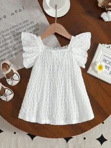 Vintaside Kids 1pc Baby Girls White Embroidered Cap Sleeve Dress. Textured Soft & Comfortable Fabric, Cute Princess Style Suitable For Spring & Summer Outdoor, Travel, Daily Wear
