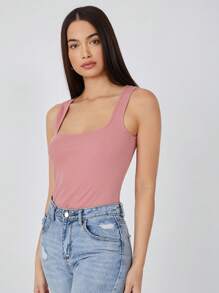 SHEIN BASICS 女款純色方領修身休閒背心上衣 夏季女裝 - 藕粉色 - 查看 3