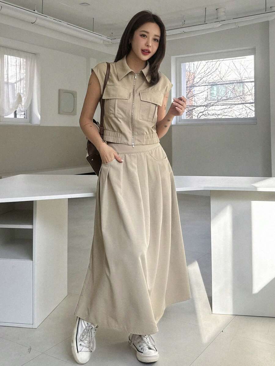 DAZY 1 套女士纯色无袖夹克和裙子，女士两件套