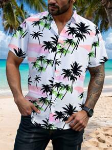 Manfinity RSRT Men's Casual Palm Tree Print Short Sleeve Single-Breasted Shirt - Multicolor - View 1