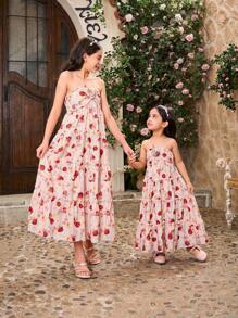 SHEIN Girls Floral Print Elegant Sleeveless Dress, Family Matching Outfits (2 Pieces Sold Separately)