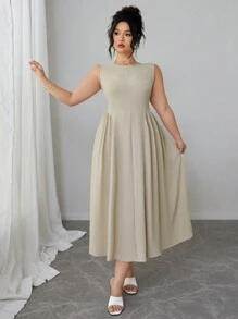 Elenzga Đầm chữ A không tay cổ tròn thanh lịch màu trơn cỡ lớn cho nữ - Màu be - Xem 4