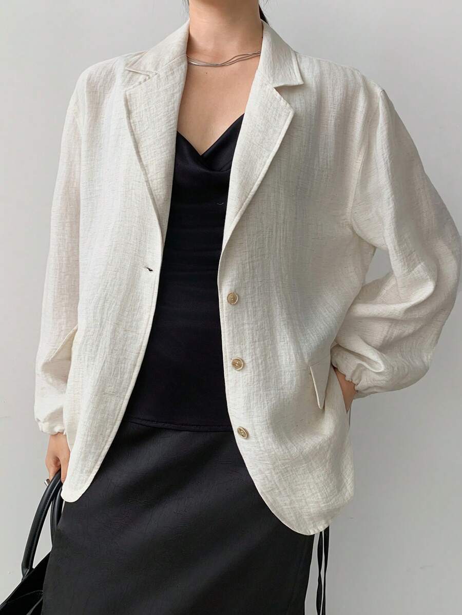 Dazy-Less Chaqueta de traje de negocios casual y holgada con cordón, ajuste regular de lino de dinero viejo, ropa de mujer de otoño, abrigos de mujer - Beis - Ver 1