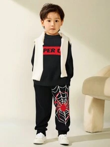 2pcs Kids Boys Casual Street Style Spider Web Pattern Crew Neck Sweater & Banded Hem Knitted Pants Outfit Set - Black - View 7