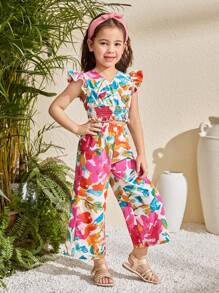 Set de 2 piezas: Blusa con volantes con estampado floral diminuto tejido y pantalón ancho suelto con el mismo estampado floral diminuto tejido para niñas jóvenes