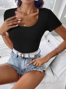 SHEIN Clasi Solid Scoop Neck Ribbed Knit Tee - Black - View 7