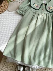 LMoss Kids LMoss 年轻女孩编织碎花荷叶边领泡泡袖修身休闲连衣裙 - 綠色 - 查看 3