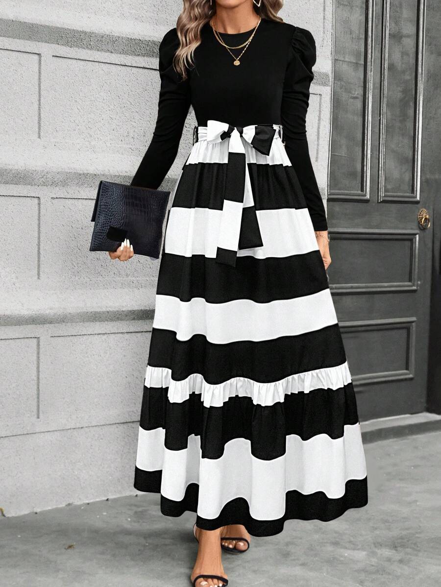 SHEIN PETITE Women Short Length Patchwork Floral Print Waisted Long Sleeve Dress, Autumn/Winter Maxi Women Outfit - Black and White - View 1