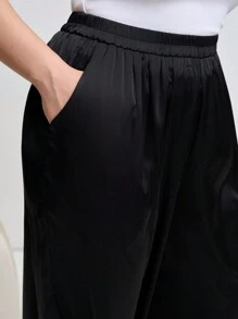 Chikora Plus Size Women's Solid Color Elastic Waist Pocket Simple Long Pants Old Money Festival