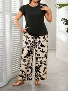 SHEIN LUNE Plus Size SS25 Women Summer Clothes Round Neck Ruffled Sleeves Black T-Shirt + Floral Print Trousers Commute Minimalist Office Old Money Two-Piece Women Two-Piece Outfits