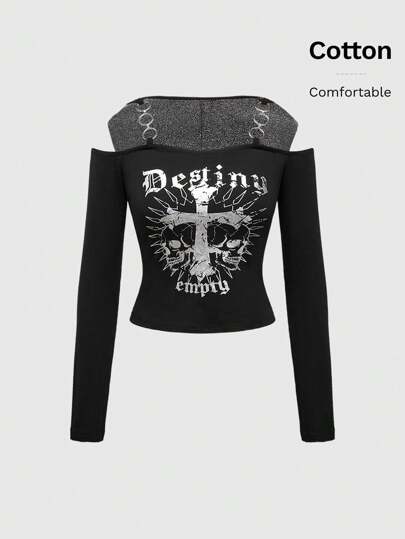 Grunge Punk Maglietta crop top con cappuccio, con grafica metallica argento, stampa di teschi e croci, stile sexy Y2K