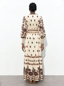 Maija Women V-Neck Long Sleeve Print Pleated Casual Dress Romantic, Fashion, Versatile; Suitable For Summer Vacation, Comfortable, Bohemian Style, Beach Wear, Swimsuit Cover-Up, Stylish, Elegant, Casual, , Simple Daily Wear, Country Style, Essential, Solid Color, Holiday Casual, Decent, Single Lady, Ideal For Vacation Elegant Fashion Business Casual Woman Going Out Tops Graduation Outfit European Summer Hawaii Outfits Women Summer Dresses For Women Streetwear Women Stockholm Style Teacher Outfits For Women