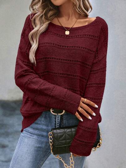 EMERY ROSE Solid Drop Shoulder Pointelle Knit Sweater,Ladies Spring/Fall Casual Long Sleeve Loose Burgundy Drop Shoulder Pullovers Women Sweaters Knit Pullover Fall Winter Outfit
