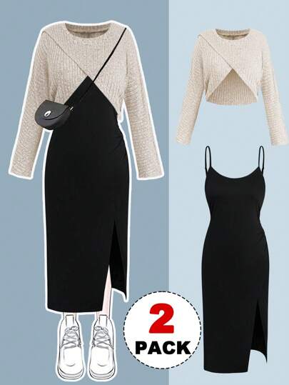 Sweetra Plus Size Women's 2pcs/Set: Ribbed Asymmetrical Design Top + Strap Slit Pleated Contrast Color Dress, Autumn/Winter Fall Cloth For Women