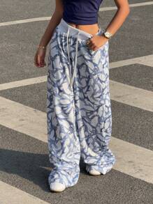 Comfortcana Women's Summer Casual Solid Color Lace-Up Patchwork Loose Sweatpants - Pink - View 1