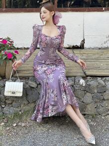 DAZY Rochie de damă cu mânecă lungă, guler cu inimă, cu imprimeu floral, lungime mijlocie, vară elegantă