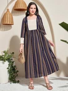 SHEIN TEEN GIRL Vintage Decor Fringe Waist Cinched Long A-Line Dress