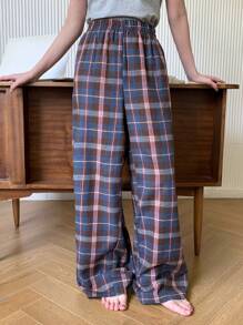 DAZY 女式松紧腰休闲格子宽松家居裤 - 咖啡棕 - 查看 8