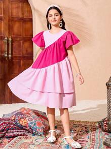 Tween Girl' Casual Adorable Resort Colorblock Layered Cap Sleeve Dress