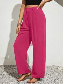 SHEIN VCAY Plus Size Women Plain Pocketed Pleated Wide Leg Casual Pants