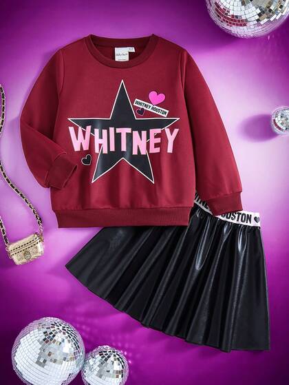 Whitney Houston X SHEIN Young Girl 2pcs/Set: Whitney Music Party Fashionable Casual Maroon Star & Letter Print Sweatshirt And Black Faux Leather Mini Skirt Set, Suitable For Autumn/Winter