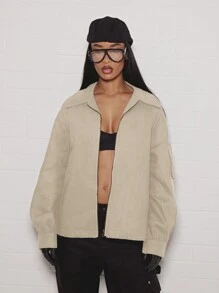 SUMWON WOMEN Premium Utility Shacket Oversized Cotton Blend Workwear Spring Autumn Lightweight Casual Zip-Up Outerwear With StAnd Collar Modern Urban Style